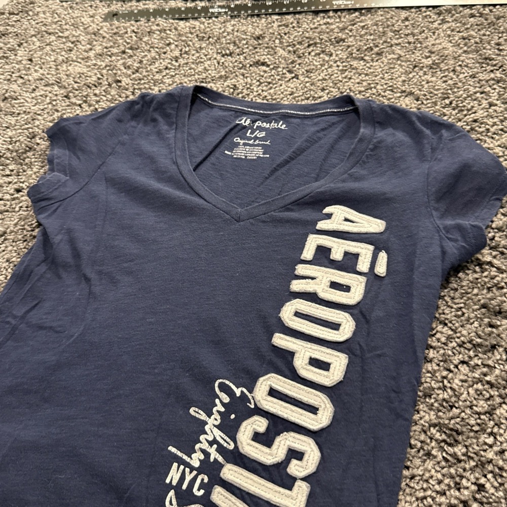 Classic Aeropostale V-Neck T-Shirt Womens Navy Blue Excellent Logo Graphic L